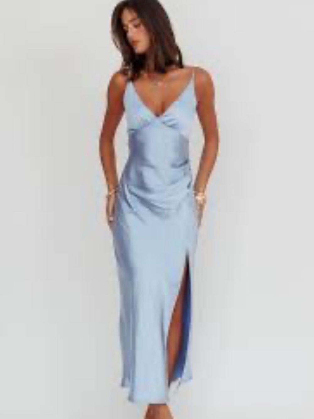 Selfie Leslie Powder Blue Satin Slip Maxi with Side Slit